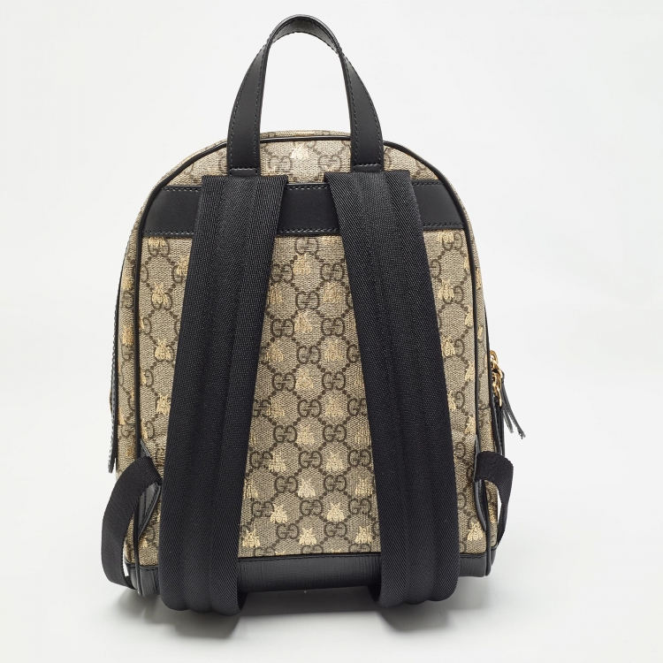 Pre Owned Gucci Black/Beige GG Supreme Canvas and Leather Small Bees Day Backpack