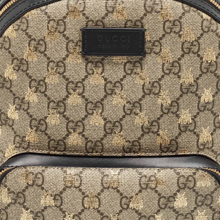 Pre Owned Gucci Black/Beige GG Supreme Canvas and Leather Small Bees Day Backpack