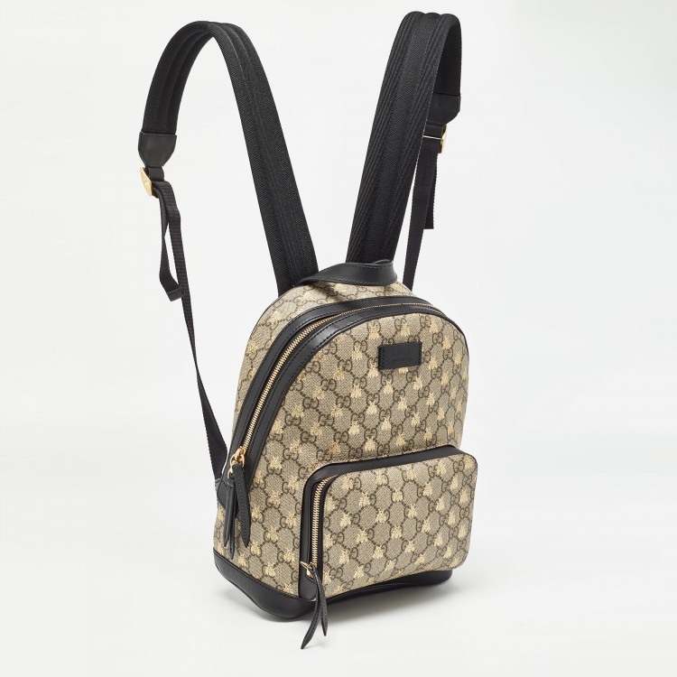 Pre Owned Gucci Black/Beige GG Supreme Canvas and Leather Small Bees Day Backpack