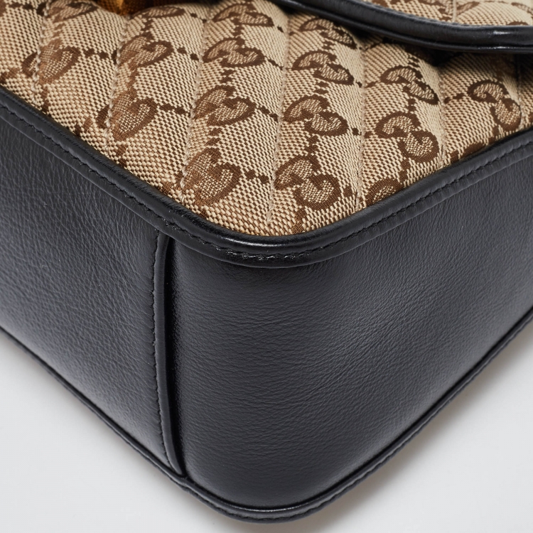 Pre Owned Gucci Black/Beige GG Matelassé Canvas and Leather Mini GG Marmont Top Handle Bag