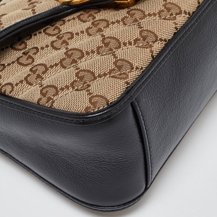 Pre Owned Gucci Black/Beige GG Matelassé Canvas and Leather Mini GG Marmont Top Handle Bag