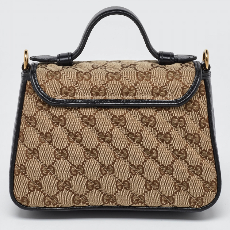 Pre Owned Gucci Black/Beige GG Matelassé Canvas and Leather Mini GG Marmont Top Handle Bag