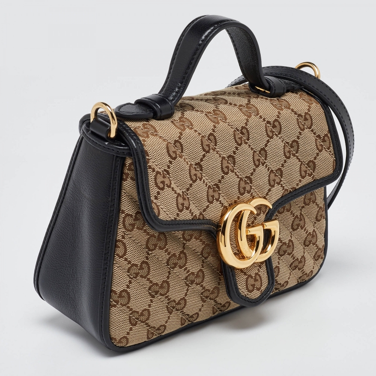 Pre Owned Gucci Black/Beige GG Matelassé Canvas and Leather Mini GG Marmont Top Handle Bag