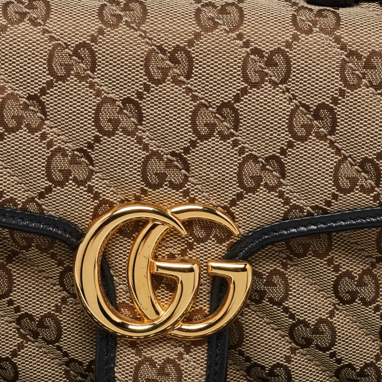 Pre Owned Gucci Black/Beige GG Matelassé Canvas and Leather Mini GG Marmont Top Handle Bag