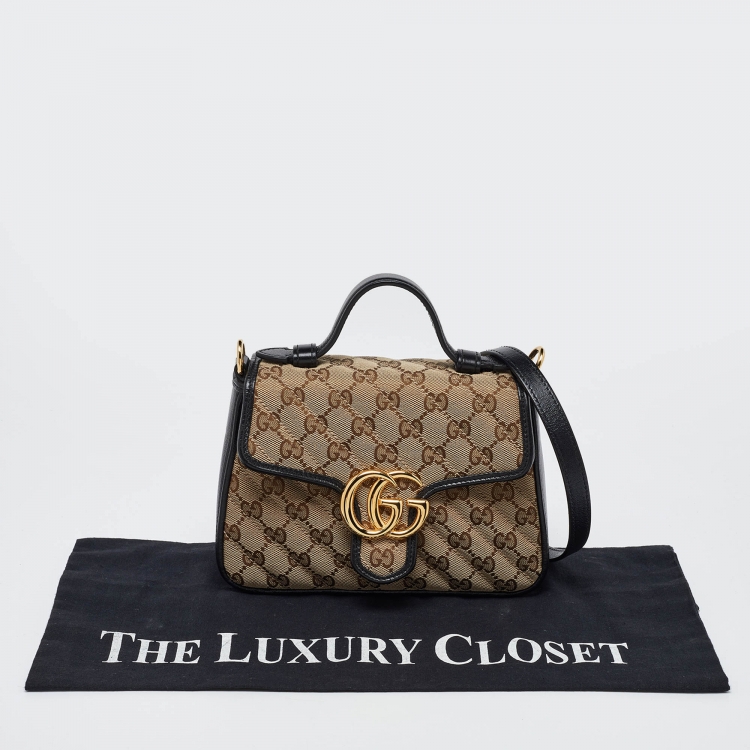 Pre Owned Gucci Black/Beige GG Matelassé Canvas and Leather Mini GG Marmont Top Handle Bag