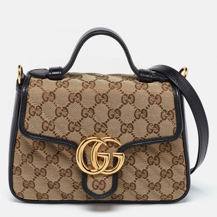 Pre Owned Gucci Black/Beige GG Matelassé Canvas and Leather Mini GG Marmont Top Handle Bag