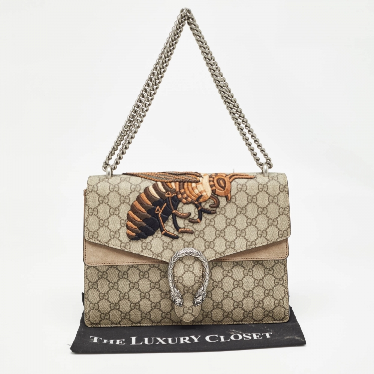 Pre Owned Gucci Beige GG Supreme Canvas and Suede Medium Bee Embroidered Dionysus Shoulder Bag