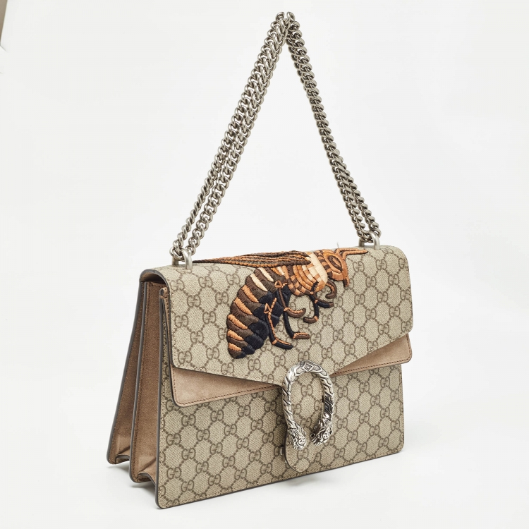 Pre Owned Gucci Beige GG Supreme Canvas and Suede Medium Bee Embroidered Dionysus Shoulder Bag