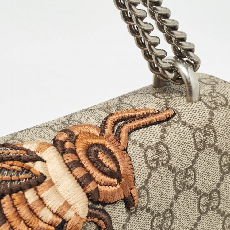 Pre Owned Gucci Beige GG Supreme Canvas and Suede Medium Bee Embroidered Dionysus Shoulder Bag