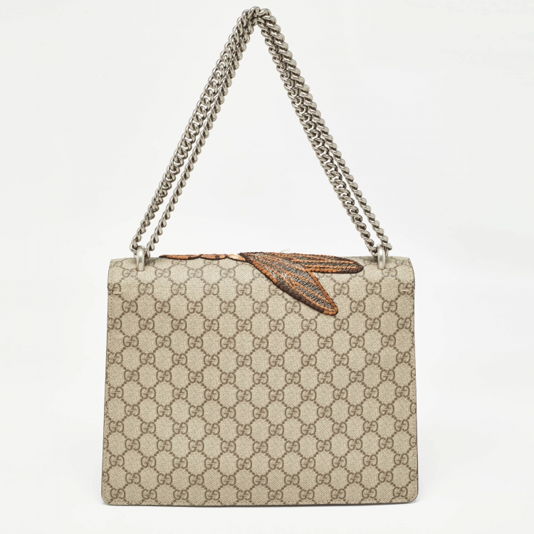 Pre Owned Gucci Beige GG Supreme Canvas and Suede Medium Bee Embroidered Dionysus Shoulder Bag