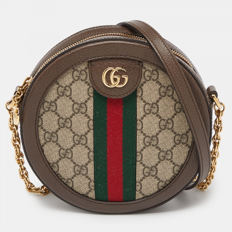 Pre Owned Gucci Brown GG Supreme Canvas and Leather Mini Ophidia Round Bag