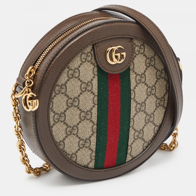 Pre Owned Gucci Brown GG Supreme Canvas and Leather Mini Ophidia Round Bag