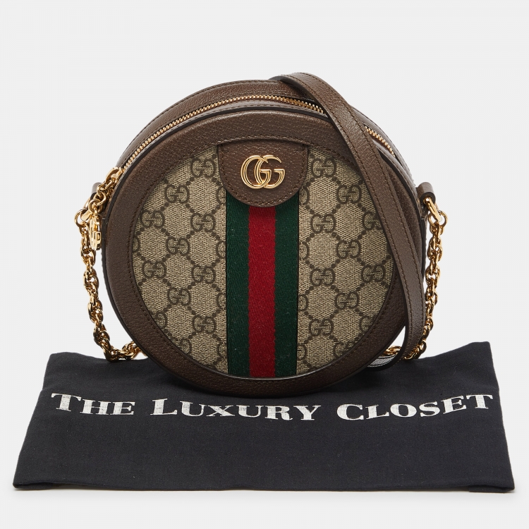 Pre Owned Gucci Brown GG Supreme Canvas and Leather Mini Ophidia Round Bag