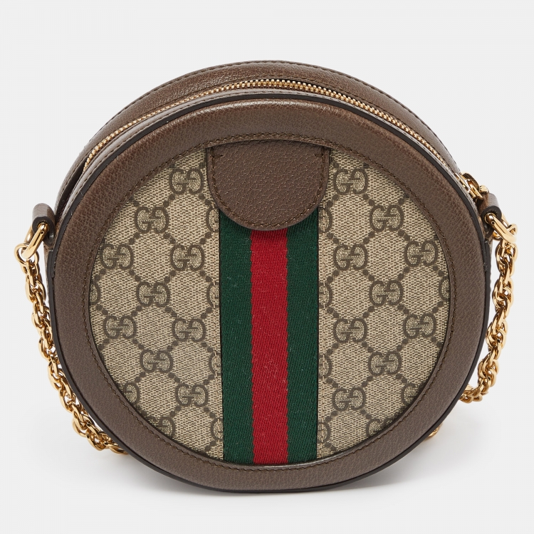 Pre Owned Gucci Brown GG Supreme Canvas and Leather Mini Ophidia Round Bag
