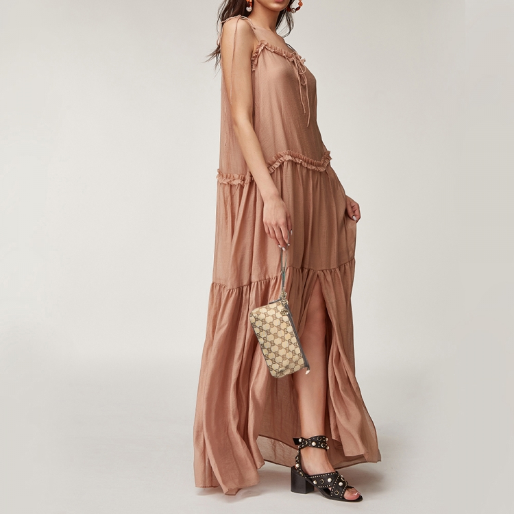 Pre Owned Gucci Beige/Brown GG Canvas Web Wristlet Pouch