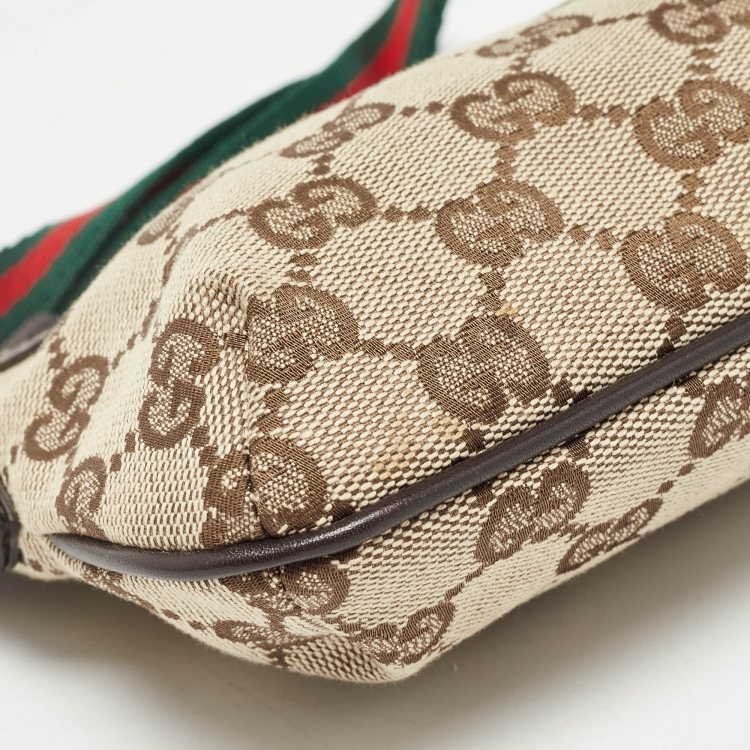 Pre Owned Gucci Beige/Brown GG Canvas Web Wristlet Pouch