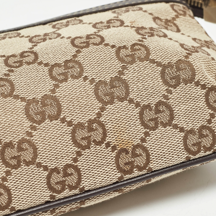 Pre Owned Gucci Beige/Brown GG Canvas Web Wristlet Pouch