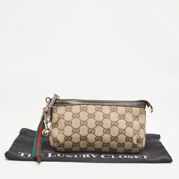 Pre Owned Gucci Beige/Brown GG Canvas Web Wristlet Pouch