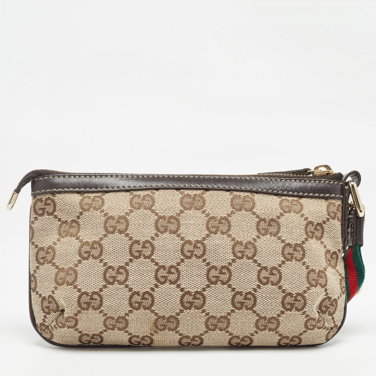 Pre Owned Gucci Beige/Brown GG Canvas Web Wristlet Pouch