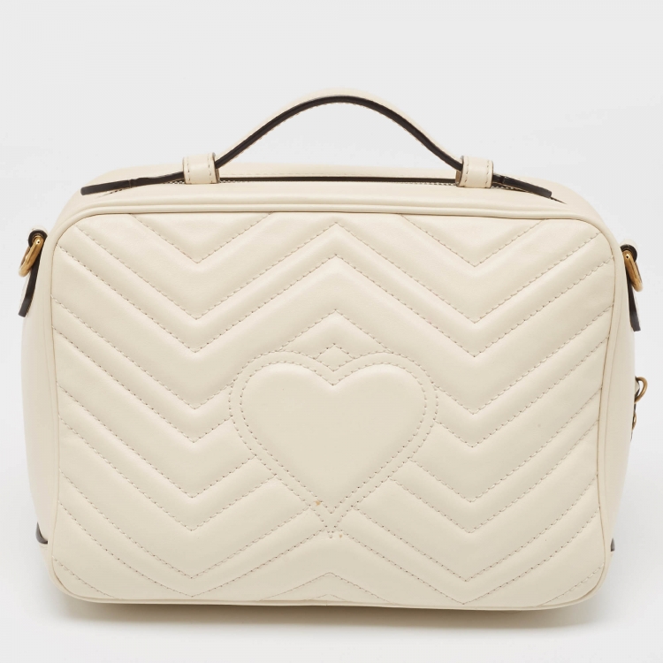 Pre Owned Gucci Off White Matelassé Leather GG Marmont Camera Top Handle Bag