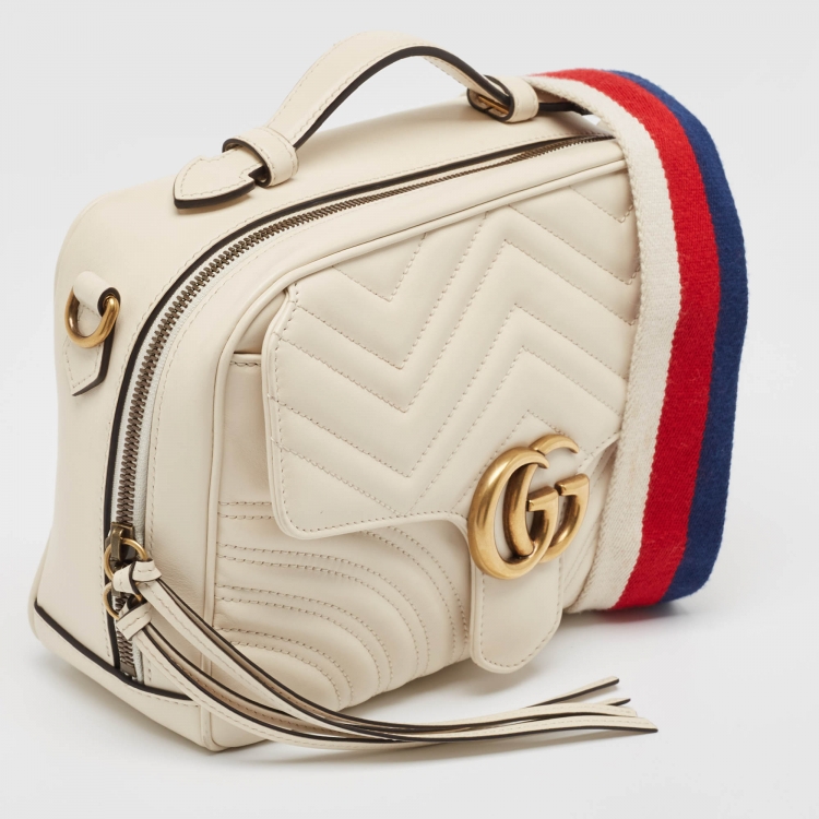 Pre Owned Gucci Off White Matelassé Leather GG Marmont Camera Top Handle Bag