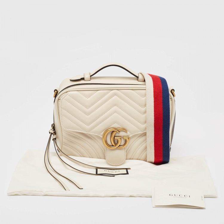Pre Owned Gucci Off White Matelassé Leather GG Marmont Camera Top Handle Bag