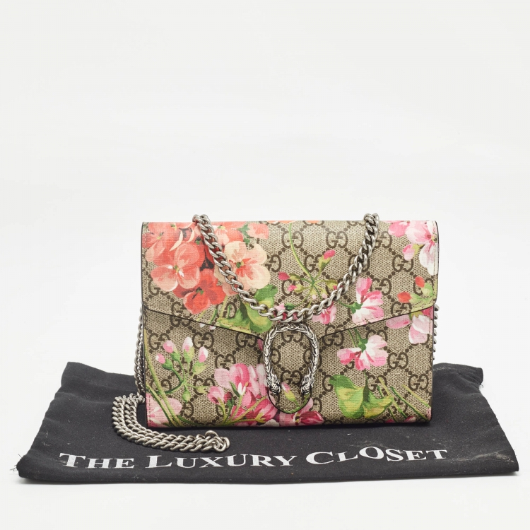 Pre Owned Gucci Pink/Beige GG Supreme Canvas Blooms Dionysus Wallet On Chain