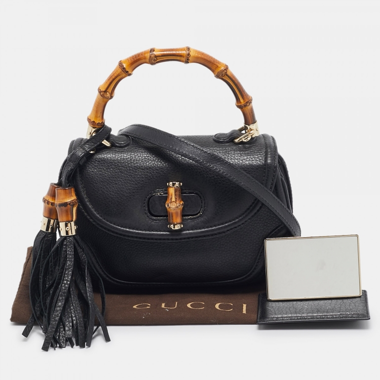 Pre Owned Gucci Black Leather Tassel New Bamboo Top Handle Bag
