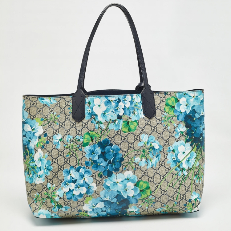 Pre Owned Gucci Navy Blue/Beige GG Supreme Canvas Blooms Reversible Tote 
