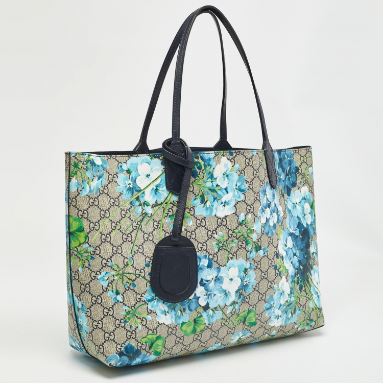 Pre Owned Gucci Navy Blue/Beige GG Supreme Canvas Blooms Reversible Tote 