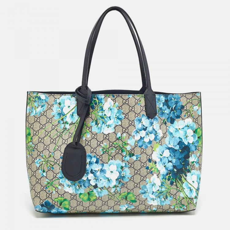Pre Owned Gucci Navy Blue/Beige GG Supreme Canvas Blooms Reversible Tote 