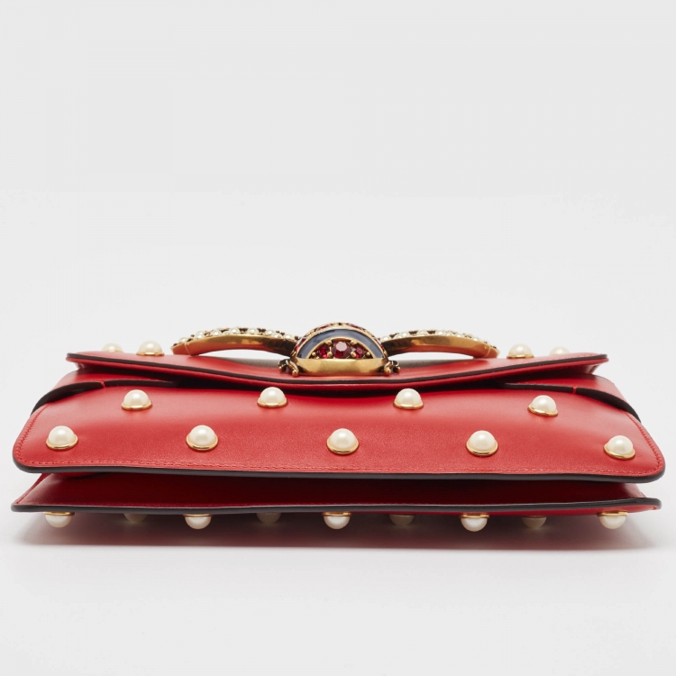 Pre Owned Gucci Red Leather Mini Pearl Queen Margaret Broadway Shoulder Bag