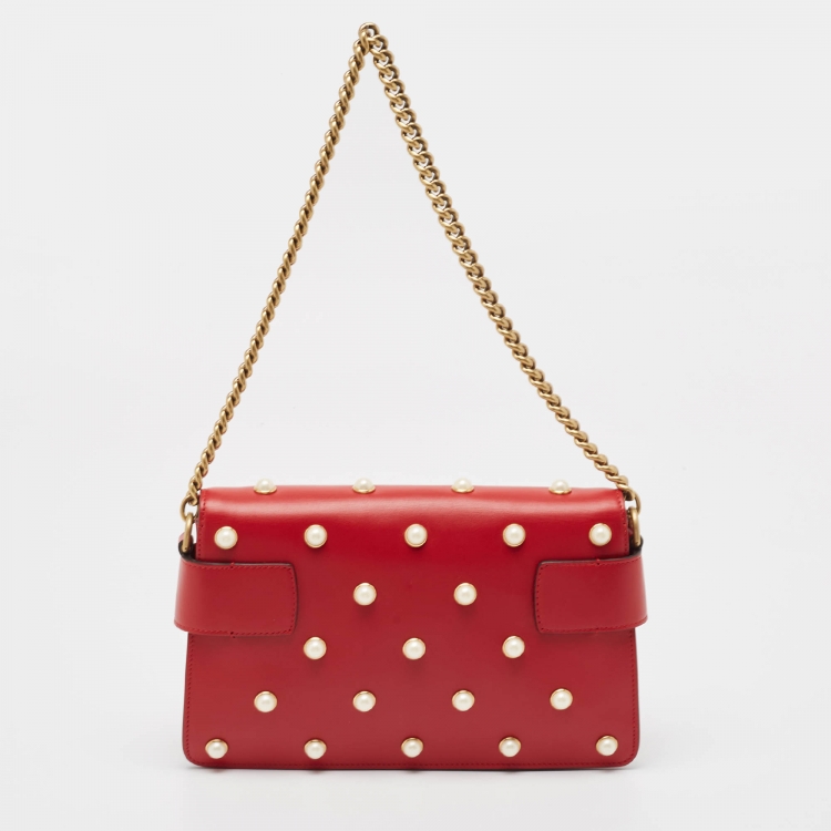 Pre Owned Gucci Red Leather Mini Pearl Queen Margaret Broadway Shoulder Bag