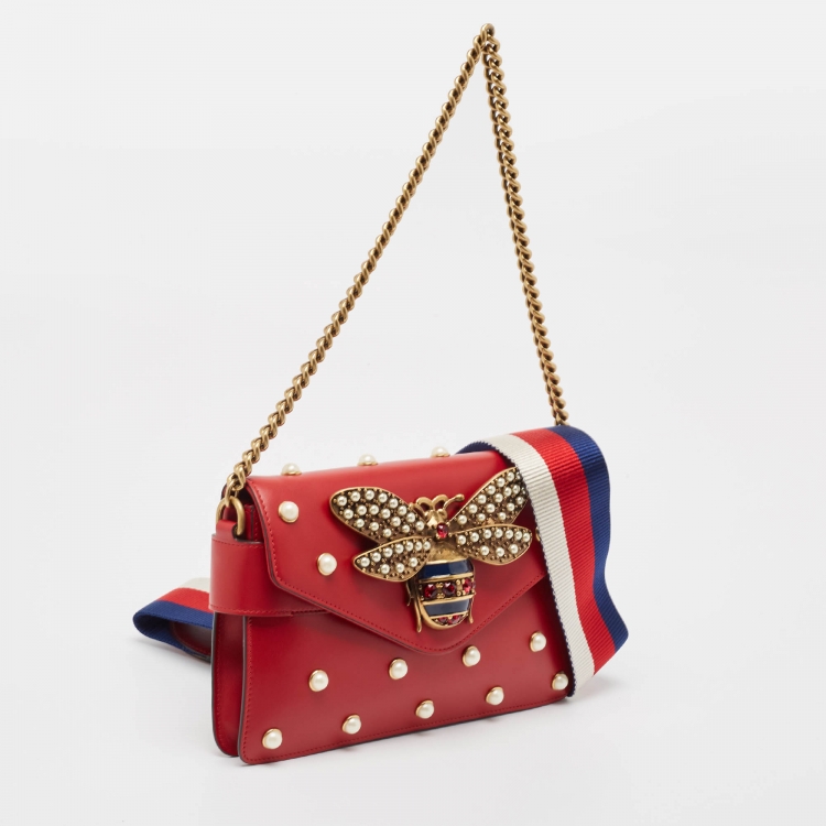 Pre Owned Gucci Red Leather Mini Pearl Queen Margaret Broadway Shoulder Bag