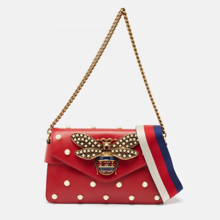 Pre Owned Gucci Red Leather Mini Pearl Queen Margaret Broadway Shoulder Bag
