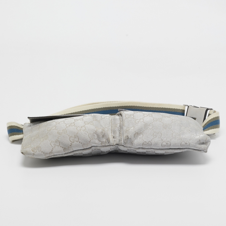 Pre Owned Gucci Silver GG Canvas and Patent Leather Double Pocket Belt Bag