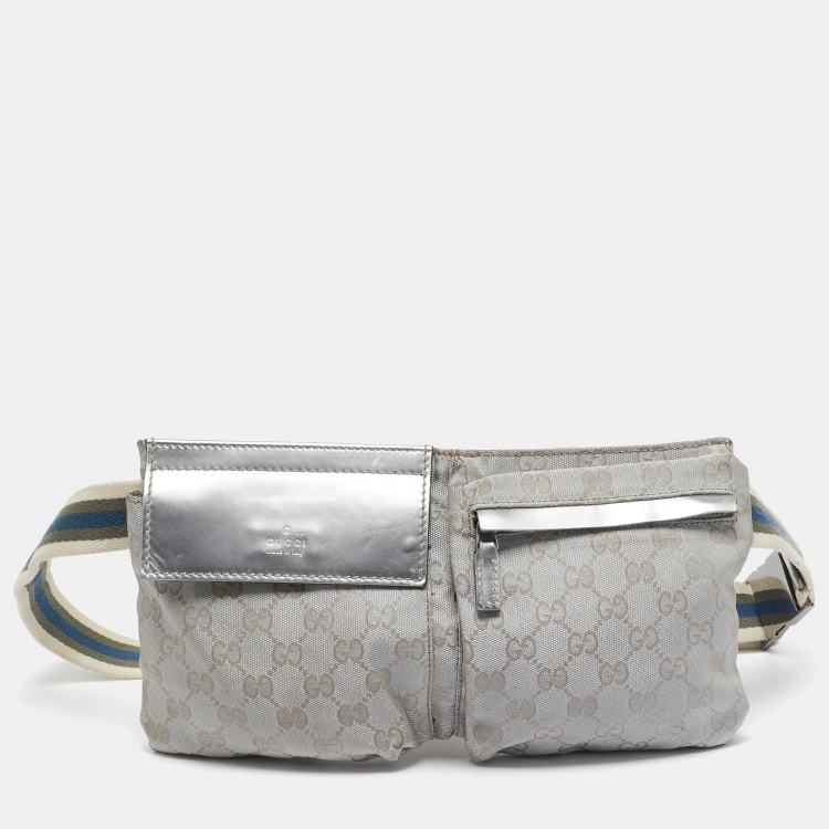 Pre Owned Gucci Silver GG Canvas and Patent Leather Double Pocket Belt Bag