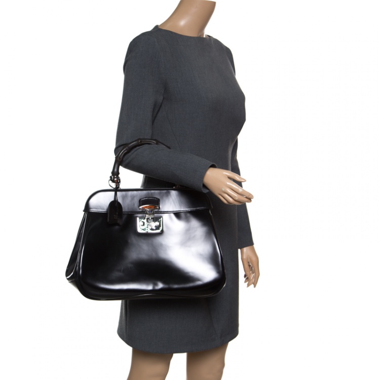 مملوكة مسبقًا Gucci Black Patent Leather Lady Lock Bamboo Top Handle Bag