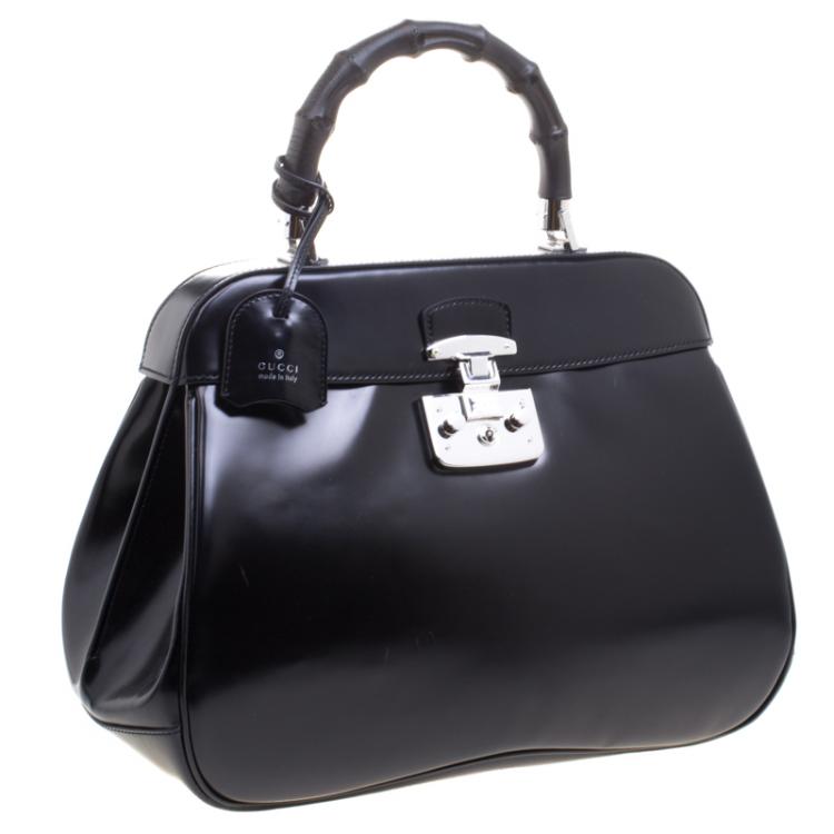 مملوكة مسبقًا Gucci Black Patent Leather Lady Lock Bamboo Top Handle Bag