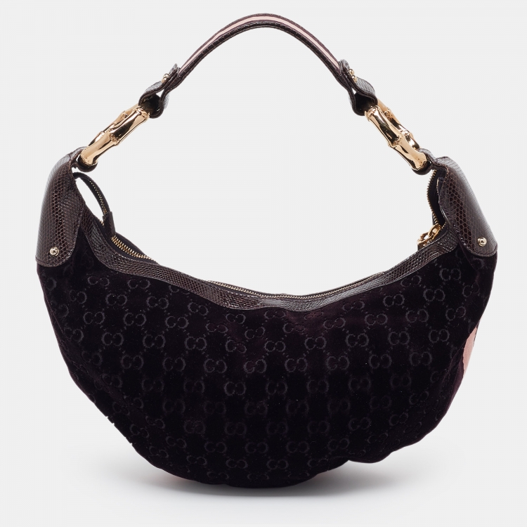 Pre Owned Gucci Purple GG Velvet and Lizard Web Bamboo Ring Hobo