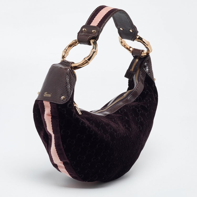 Pre Owned Gucci Purple GG Velvet and Lizard Web Bamboo Ring Hobo