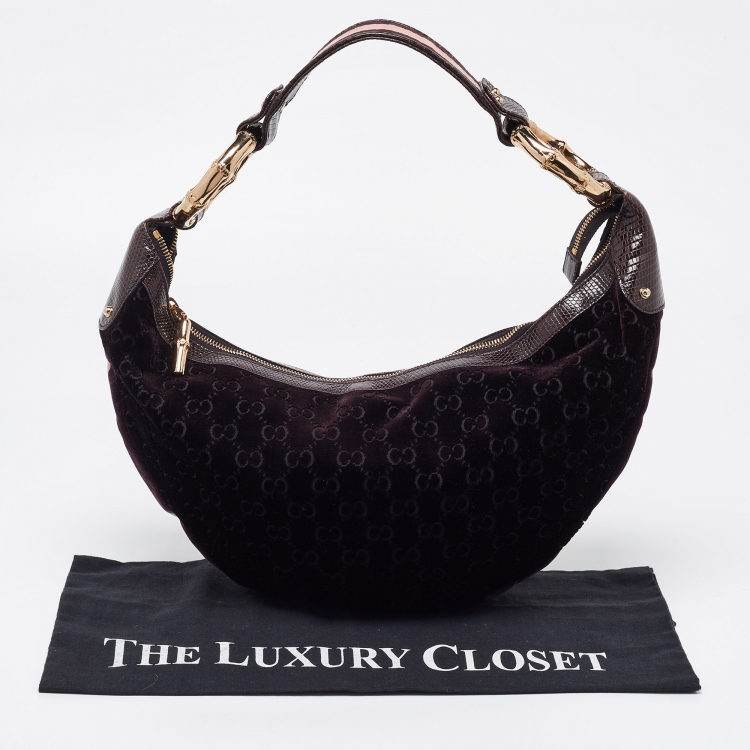 Pre Owned Gucci Purple GG Velvet and Lizard Web Bamboo Ring Hobo