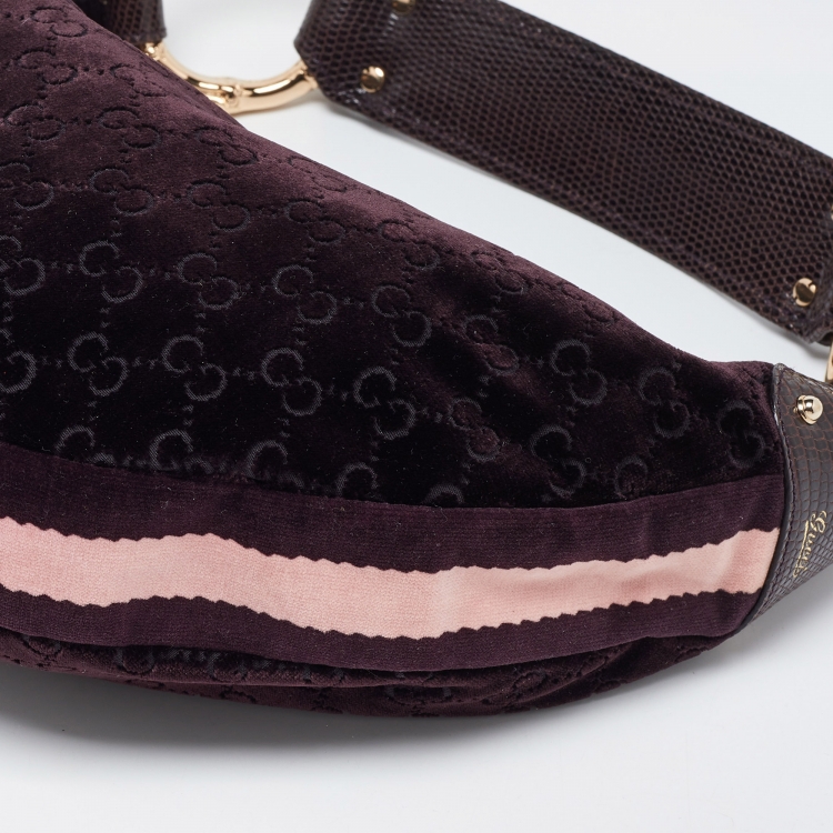 Pre Owned Gucci Purple GG Velvet and Lizard Web Bamboo Ring Hobo