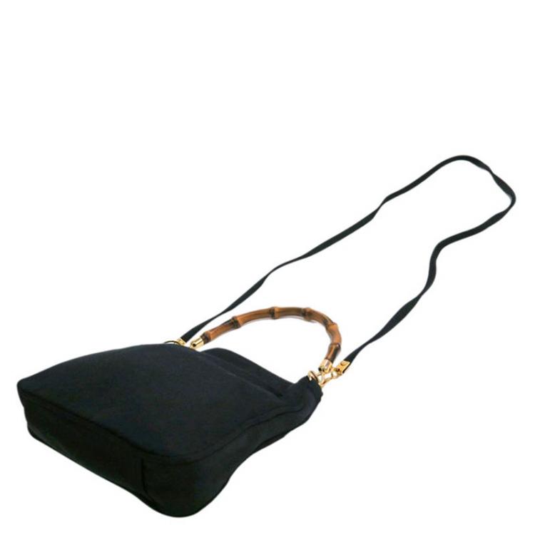 Pre Owned Gucci Black Satin Bamboo Top Handle Bag
