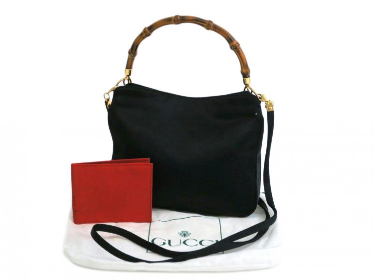 Pre Owned Gucci Black Satin Bamboo Top Handle Bag