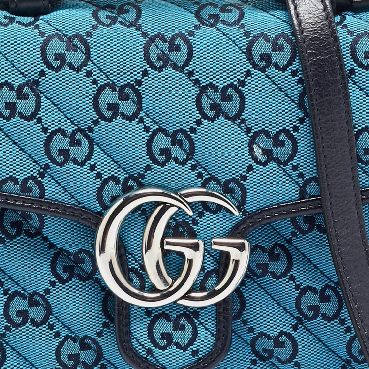 Pre Owned Gucci Blue Diagonal Quilt GG Canvas Leather Mini GG Marmont Bag