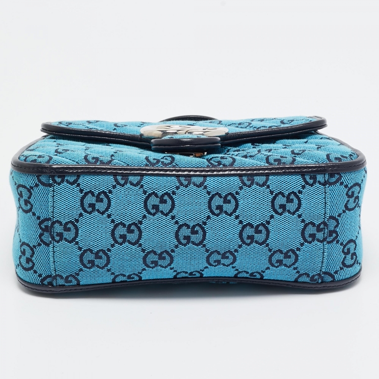 Pre Owned Gucci Blue Diagonal Quilt GG Canvas Leather Mini GG Marmont Bag