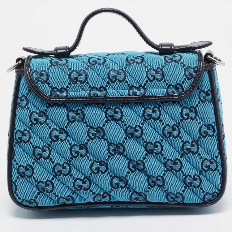 Pre Owned Gucci Blue Diagonal Quilt GG Canvas Leather Mini GG Marmont Bag