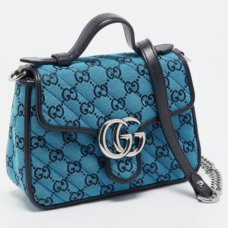 Pre Owned Gucci Blue Diagonal Quilt GG Canvas Leather Mini GG Marmont Bag