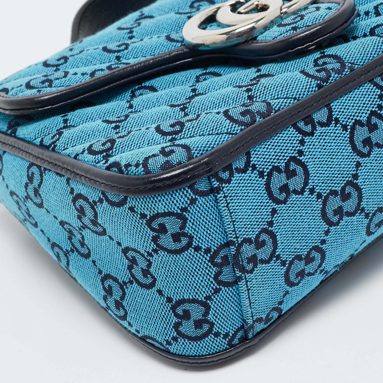 Pre Owned Gucci Blue Diagonal Quilt GG Canvas Leather Mini GG Marmont Bag